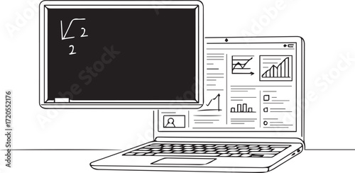 Empower e-learning experiences with a digital blackboard and data analytics on a laptop, ideal for online tutoring, education platforms, and remote business presentations