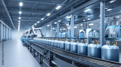 Liquid nitrogen storage tanks on automated conveyor in modern factory environment representing cryogenic technology and industrial safety.