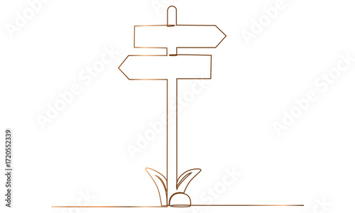 One Continuous line drawing of Road direction signpost arrows to the right and left and plate.Vector illustration for web banner, design template, postcard