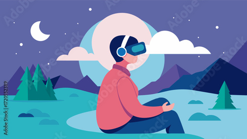 A person using a virtual reality headset to escape to a serene and peaceful location representing the importance of selfcare for caregivers.. Vector illustration