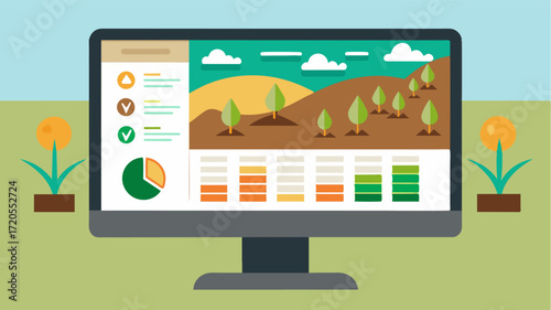 A soil health dashboard is displayed on a computer screen providing farmers with a comprehensive overview of their soil conditions and identifying areas that need attention.. Vector illustration