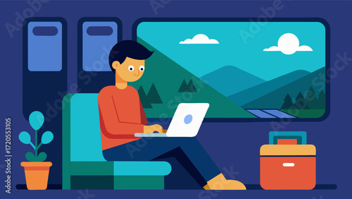 A neverending train ride but the digital nomad stays entertained and productive with their trusty laptop.. Vector illustration