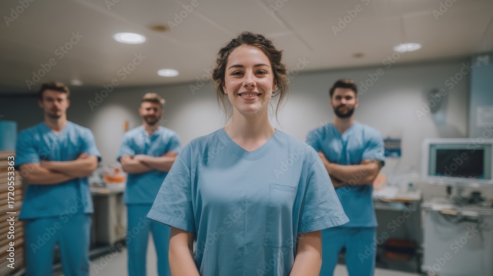 Obraz premium Healthcare team collaboration in medical facility group portrait professional environment upbeat atmosphere