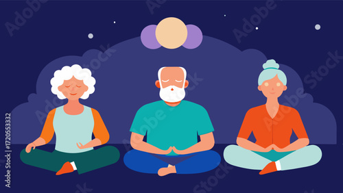 A group of seniors engaged in a guided meditation session at a memory café with soft music playing in the background and dim lighting. Meditation has been shown to reduce stress. Vector illustration