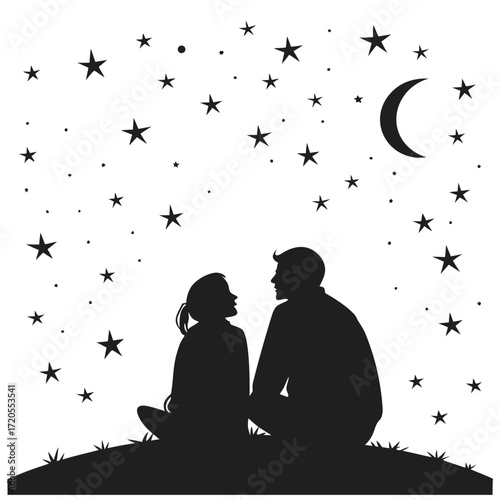 Couple gazing at stars silhouette