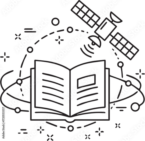 Explore knowledge with a satellite orbiting an open book, learn and grow with futuristic technology, discover new worlds with advanced education