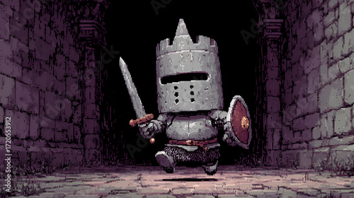 Medieval Knight Pixel Art Warrior, Retro Pixel Knight with Sword and Shield, Fantasy Dungeon Knight Pixel Illustration