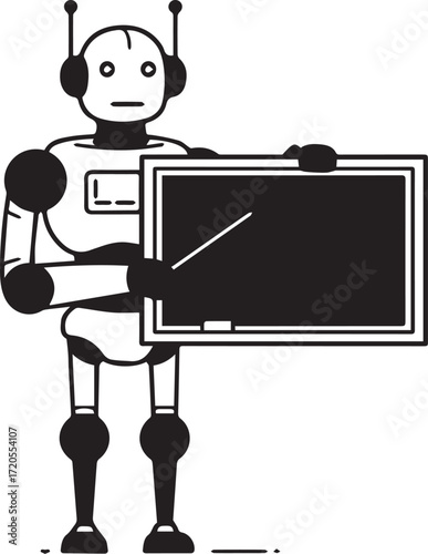Futuristic robot teacher presenting information with chalkboard and pointer, teaching artificial intelligence concepts for the future of education