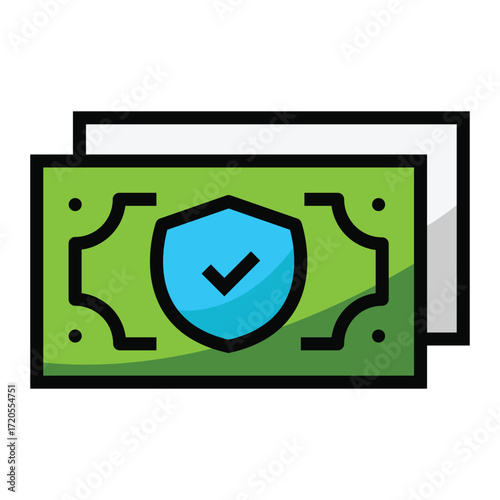 A green banknote with a blue shield and checkmark