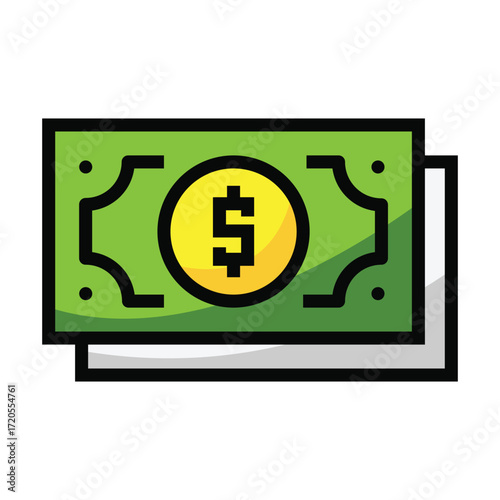 A green banknote with a yellow circle and dollar sign