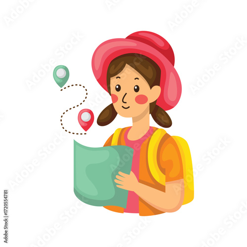 A girl with a red hat and backpack looks at a map