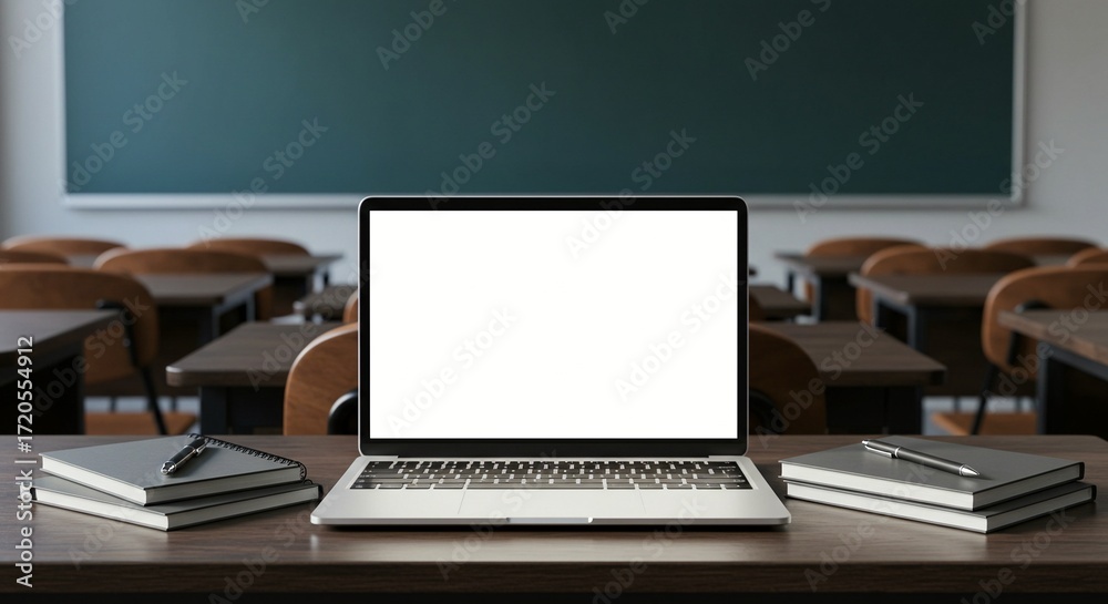 Fototapeta premium Laptop and notebooks on a desk in an empty classroom, symbolizing learning, education, digital tools, and the evolving educational landscape.
