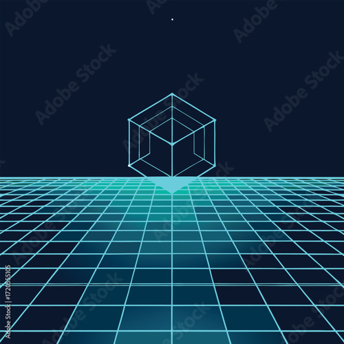 Abstract Neon Cube and Grid in Futuristic Perspective