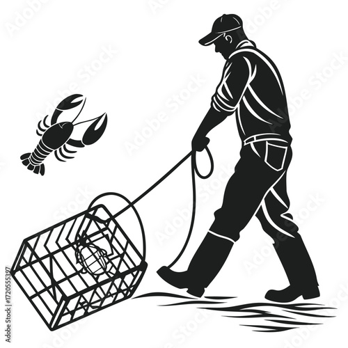 Fisherman pulling lobster trap silhouette