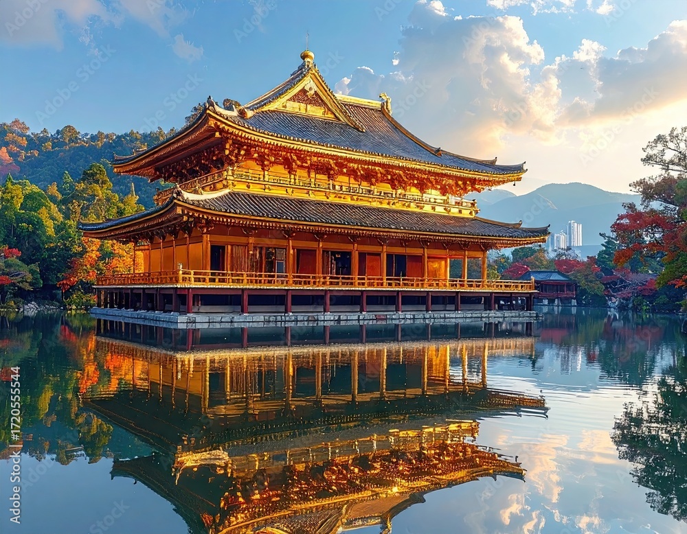 Naklejka premium Golden Pavilion Reflection in Calm Water at Sunset