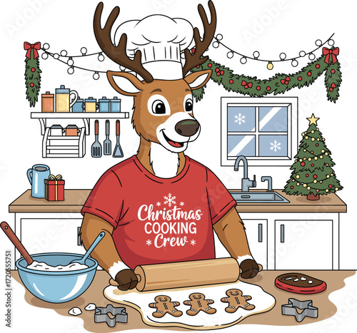 Reindeer Chef Baking Gingerbread Cookies in Festive Kitchen.