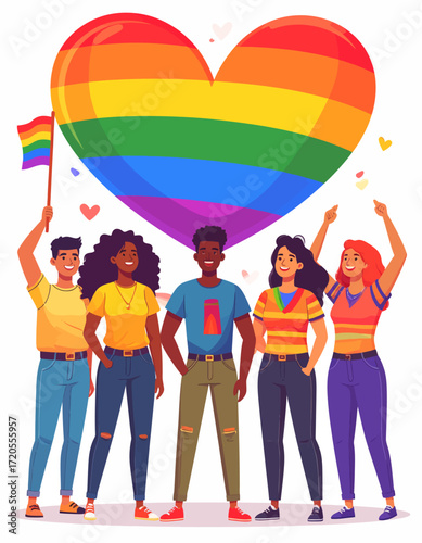 Group of diverse people celebrating Pride with a rainbow heart and flag.