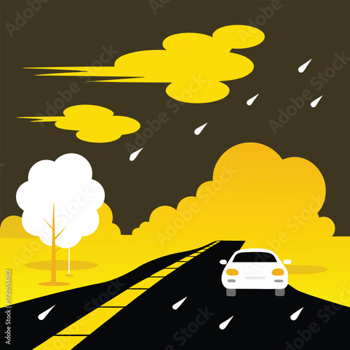 Car Driving on Rainy Road with Yellow Clouds weather