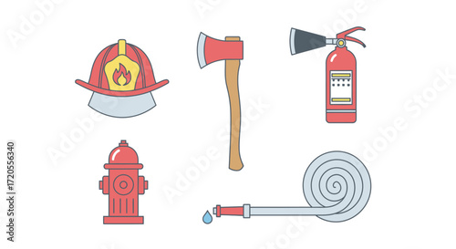 Essential Firefighting Equipment Illustration: A collection of iconic firefighting equipment, including a helmet, axe, fire extinguisher, hydrant, and hose.