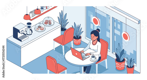 Coffee Shop Comfort: A young professional enjoys a moment of focus and productivity at a stylish coffee shop setting, where she engages with her laptop, surrounded by the warm glow of natural light.