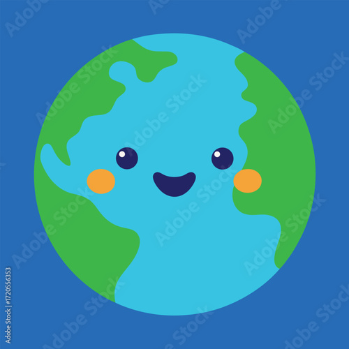 Cheerful Cartoon Earth Globe on Dark Blue Background Keywords: earth, globe, planet, world