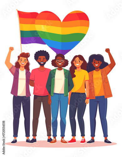 Group of diverse people celebrating Pride with a rainbow flag and heart.