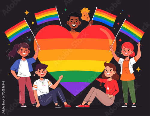 Pride celebration with diverse people holding rainbow flags around a rainbow heart.
