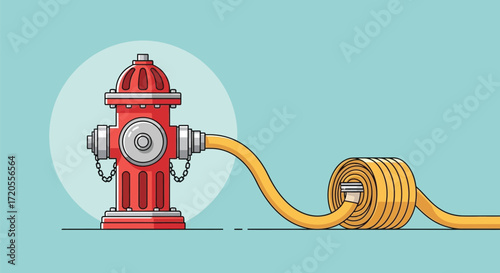 A vintage red metal fire hydrant cartoon illustration with a water valve and pipe is isolated on a white background