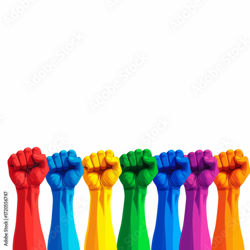 Rainbow colored fists raised in solidarity and support.