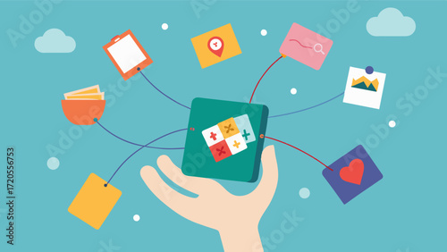 A tangled web of memories with a hand holding a personalized reminiscence kit symbolizing how these kits can help organize and clarify memories.. Vector illustration