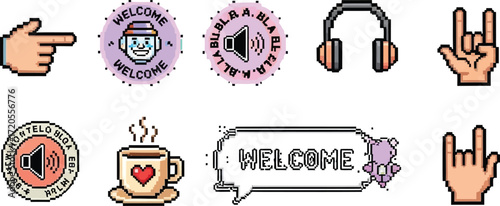 Pixel art welcome signs, rock on hand gestures, coffee cup, and music icons for fun designs