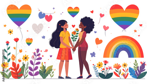 Two women holding hands surrounded by rainbow hearts and flowers.
