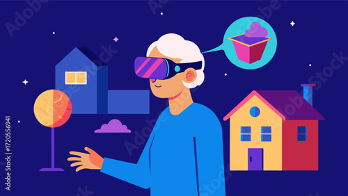 A person with dementia is able to virtually visit their childhood home with the help of virtual reality technology triggering positive memories and stimulating their brain.. Vector illustration
