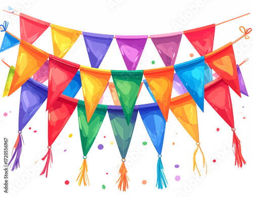 Colorful party bunting decoration with triangular flags and tassels.