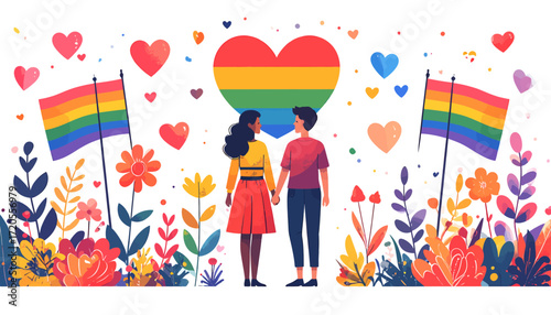 Illustration of a couple holding hands with rainbow flags and hearts, celebrating love and pride.