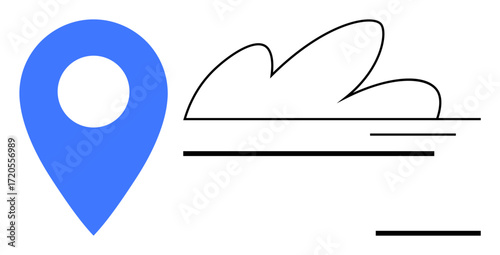 Blue location pin next to cloud and horizontal black lines suggests navigation, travel, GPS, geolocation, weather forecasting, planning, exploration, and connection. Perfect for simple flat metaphor