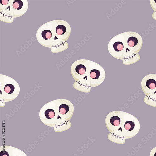Vector seamless Halloween pattern with skulls featuring pink eyes on a lilac background. Great for wrapping paper, fabric, cards, invitations, posters, stickers, banners, decor and packaging