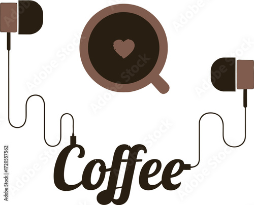 Coffee love with headphones, a moment of peace and relaxation with a warm beverage