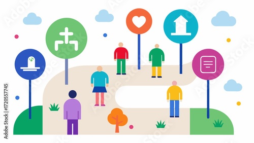 A neighborhood park with clear signage and designated walking routes for individuals with memory impairments. The paths are marked with colorful symbols and pictures to help them. Vector illustration