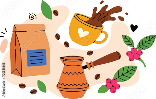 Freshly brewed coffee illustration with beans and bag for cafe, blog, or menu design