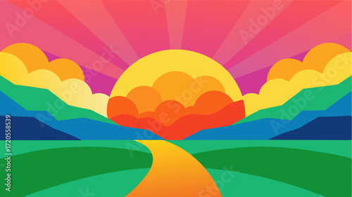 A colorful sunrise over a valley representing the diverse approaches and treatments available for promoting brain health and treating brain diseases.. Vector illustration