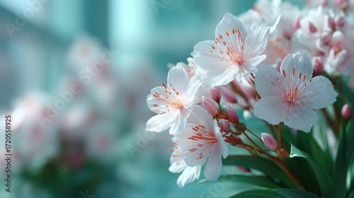 Cinematic Macro Shot of White Jasmine Flowers with Red Dots on Petals and Green Leaves HDR
