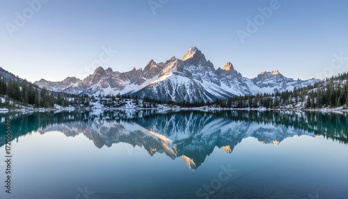Mountain landscape with snowy peak reflected in calm lake