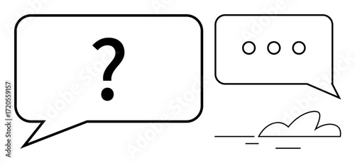 Two speech bubbles, one with a question mark and the other with ellipsis, alongside a simple cloud. Ideal for communication, inquiry, dialogue, messaging, brainstorming thinking simplicity. Flat