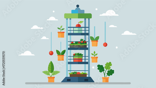A vertical aquaponic tower utilizing minimal space to grow a variety of vegetables and herbs.. Vector illustration