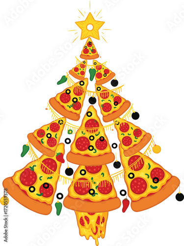Pizza Slice Christmas Tree with Star Topping and Holiday Sparkles.