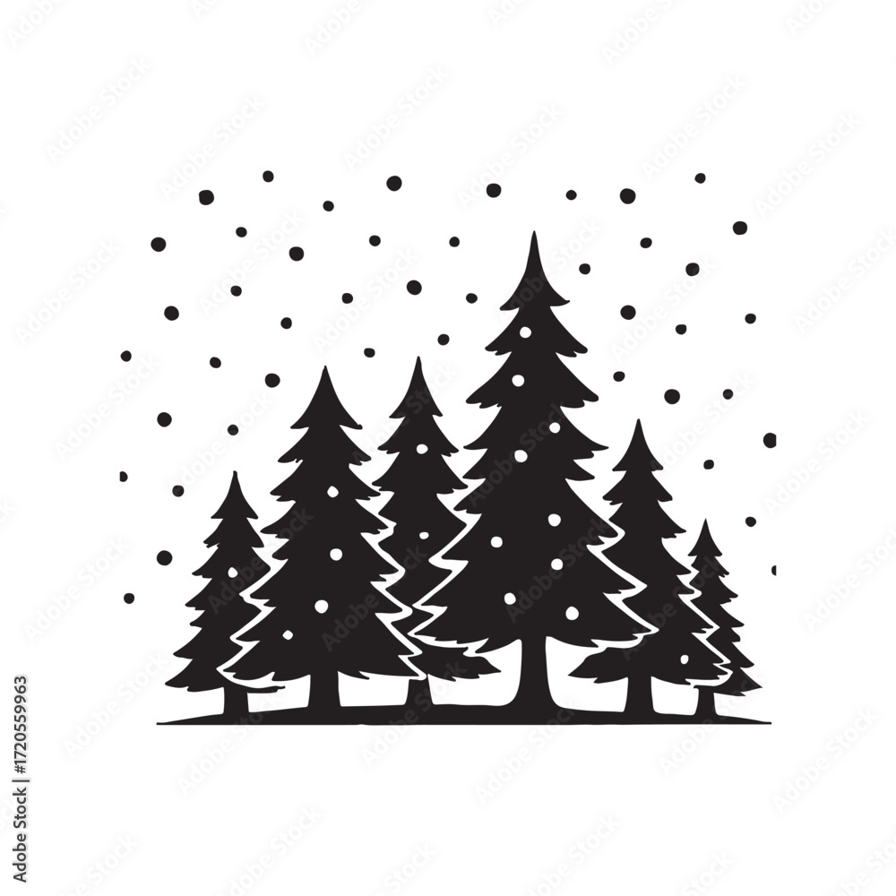 Obraz premium Elegant Black and White Winter Forest Silhouette with Falling Snow for Christmas and Holiday Season Greetings and Festive Decoration