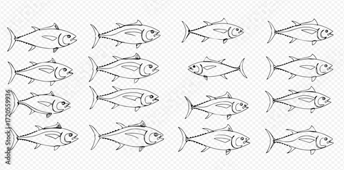 A repeating grid pattern of hand-drawn line art illustrations depicting various tuna fish swimming.