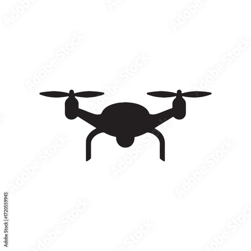 Black drone silhouette on white background perfect for icons and designs showcasing modern technology and aerial photography featuring unmanned aerial vehicle for various applications