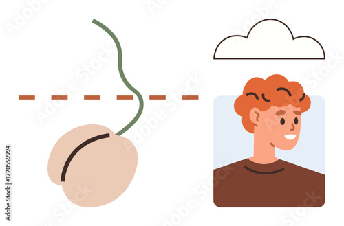 Bean sprout with dashed line extending to portrait of a person below a cloud, emphasizing growth, connection, and mindfulness. Ideal for self-growth, mental health, eco-awareness, human connection